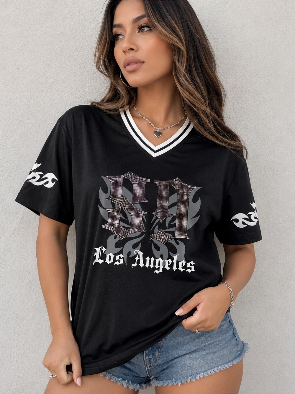Black 'Los Angeles' V-Neck Graphic Jersey Top